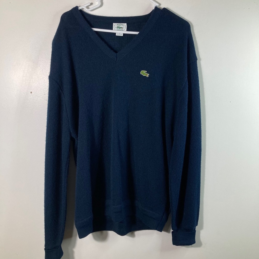 Vintage IZOD Lacoste Mens XL V Neck Sweater Navy Blue Acrylic Long Sleeve